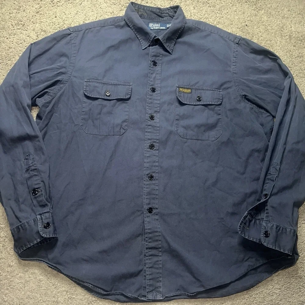 Polo Ralph Lauren Button Up Mens 2XL Black Military Utility‎ Epaulet Crest